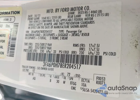 2014 Ford Fusion Se из США, поврежденный, VIN 3FA6P0H78ER204517